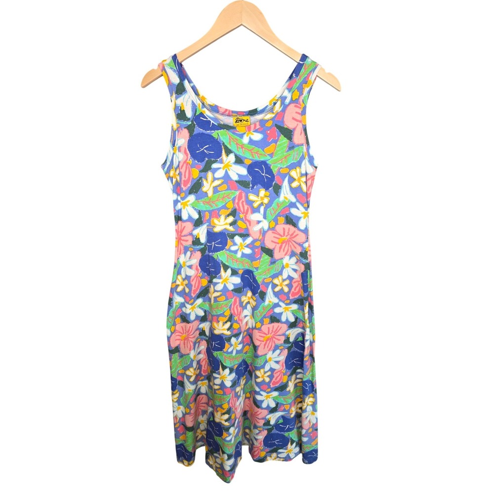 Done Art and Design Tank Dress Women Small Blue Floral Vintage 90s Tropical Midi